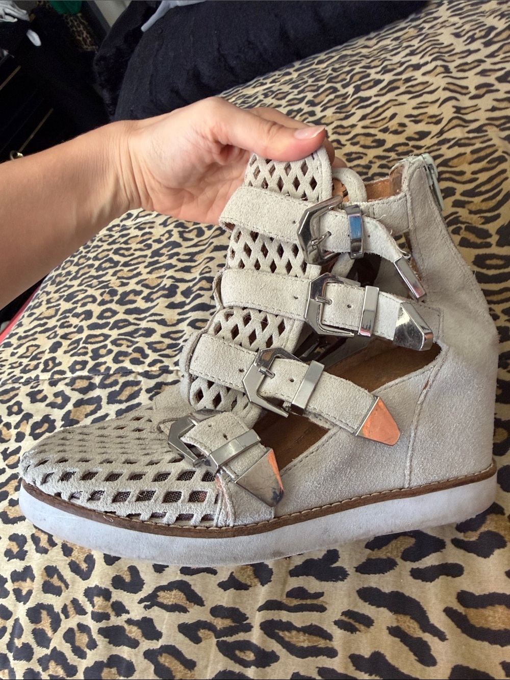 Jeffrey Campbell Light Gray Suede Laser-Cut Wedge Sandals with Buckles